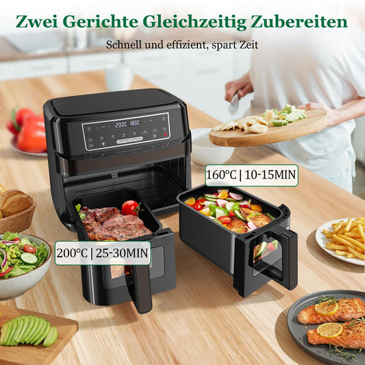 Emphsism Dual Zone Airfryer 10L mit Sichtfenster – Intelligentes Parallel-Kochen