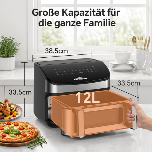 Emphsism Airfryer 12L Doppelkammer Heißluftfritteuse XXL, 2600W Airfryer mit Sichtfenster & Ober-/Unterhitze
