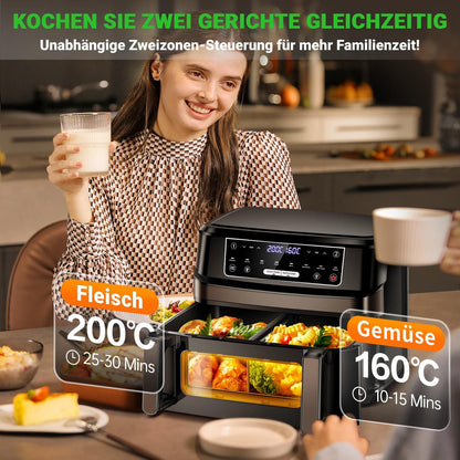 Emphsism Flexi-Airfryer 12L XXL – Anpassbare Einzel- & Doppelkammer für jede Gelegenheit