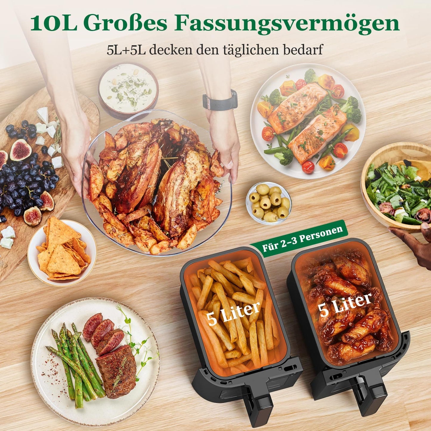 Emphsism Dual Zone Airfryer 10L mit Sichtfenster – Intelligentes Parallel-Kochen