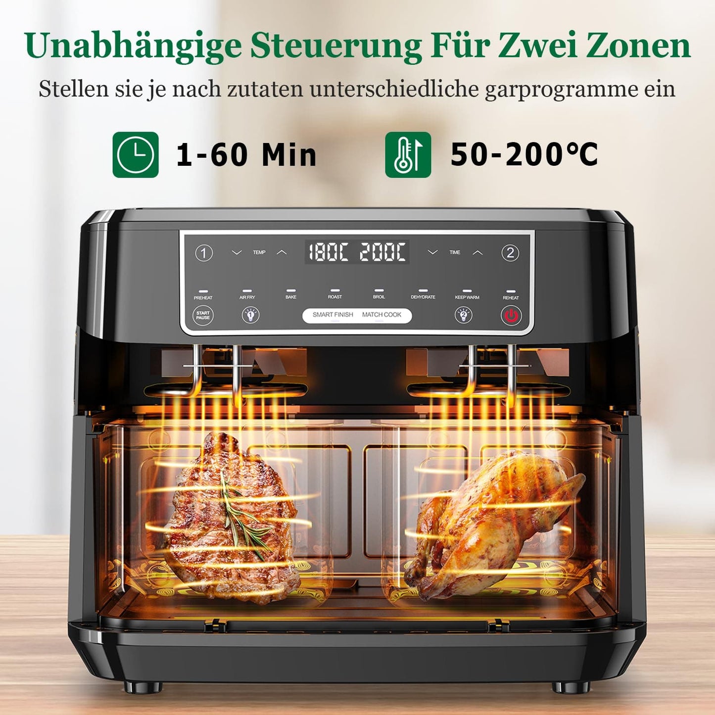 Emphsism Dual Zone Airfryer 10L mit Sichtfenster – Intelligentes Parallel-Kochen