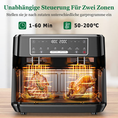 Emphsism Dual Zone Airfryer 10L mit Sichtfenster – Intelligentes Parallel-Kochen