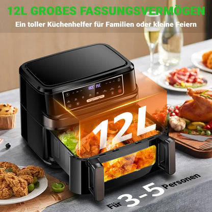 Emphsism Flexi-Airfryer 12L XXL – Anpassbare Einzel- & Doppelkammer für jede Gelegenheit