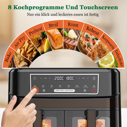 Emphsism Dual Zone Airfryer 10L mit Sichtfenster – Intelligentes Parallel-Kochen