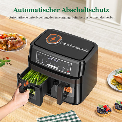 Emphsism Dual Zone Airfryer 10L mit Sichtfenster – Intelligentes Parallel-Kochen