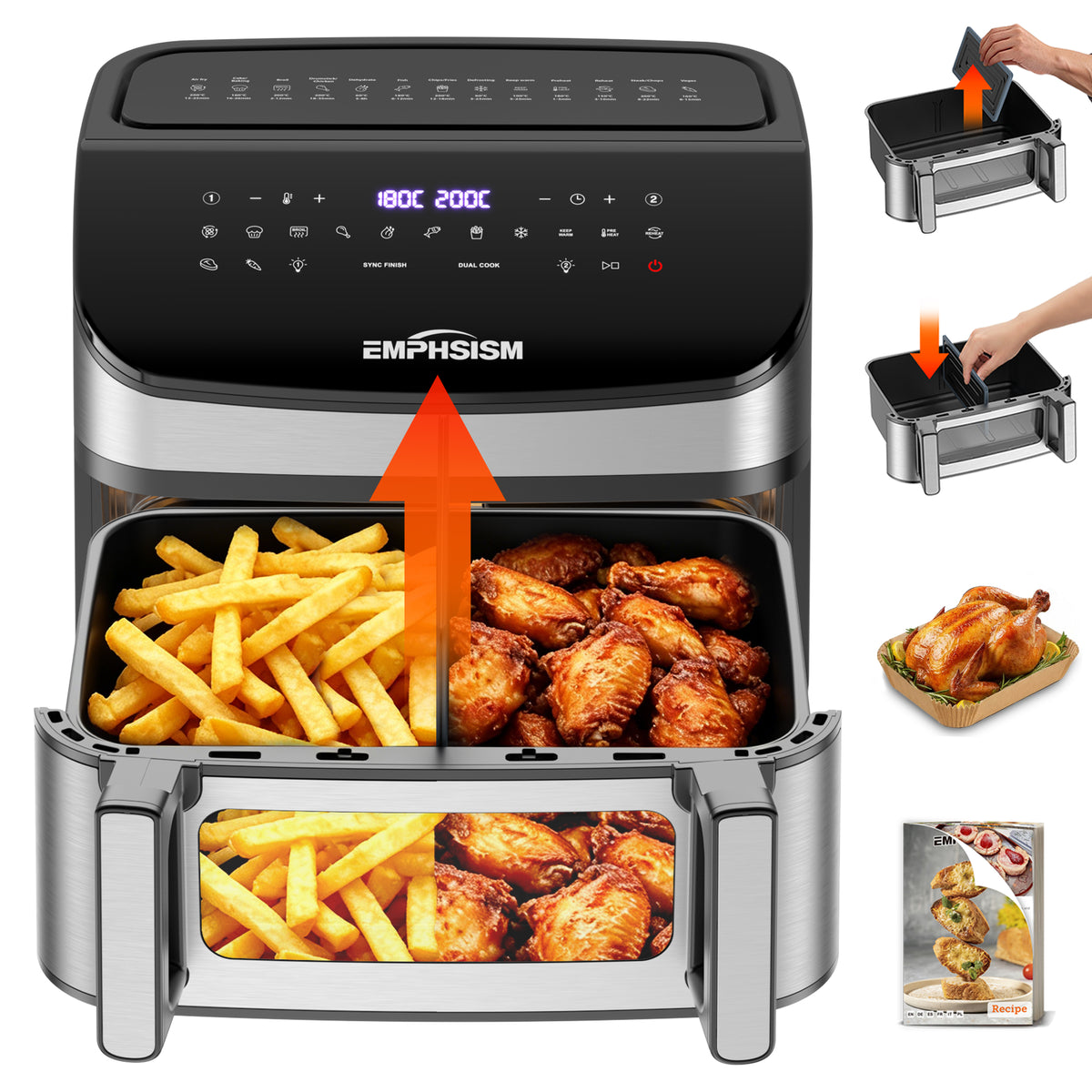 Emphsism Airfryer 12L Doppelkammer Heißluftfritteuse XXL, 2600W Airfryer mit Sichtfenster & Ober-/Unterhitze
