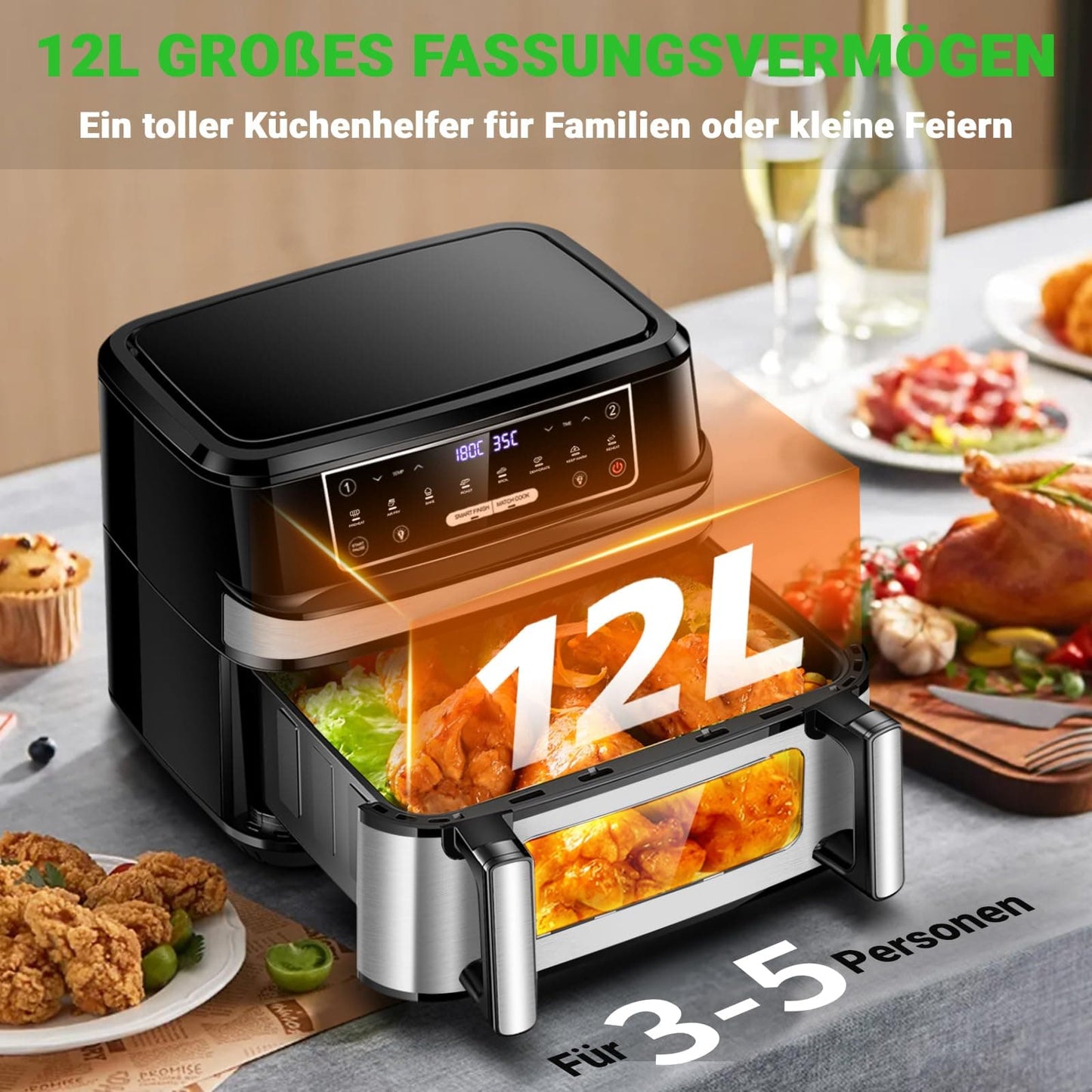 Emphsism Premium Airfryer 12L (Metall-Design) – Gesund Kochen, Flexibel & Stilvoll