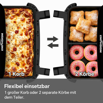 Emphsism Airfryer 12L Doppelkammer Heißluftfritteuse XXL, 2600W Airfryer mit Sichtfenster & Ober-/Unterhitze