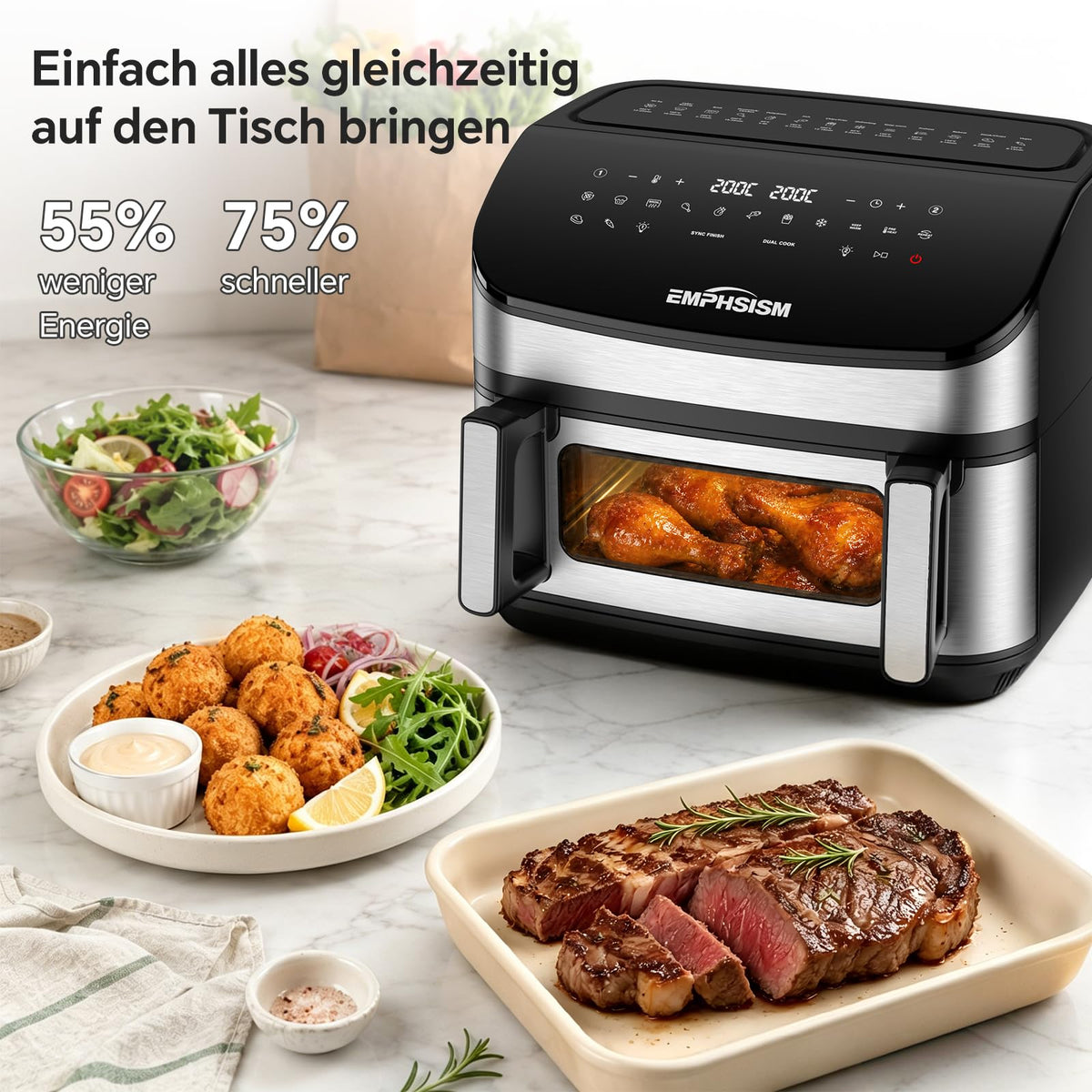 Emphsism Airfryer 12L Doppelkammer Heißluftfritteuse XXL, 2600W Airfryer mit Sichtfenster & Ober-/Unterhitze
