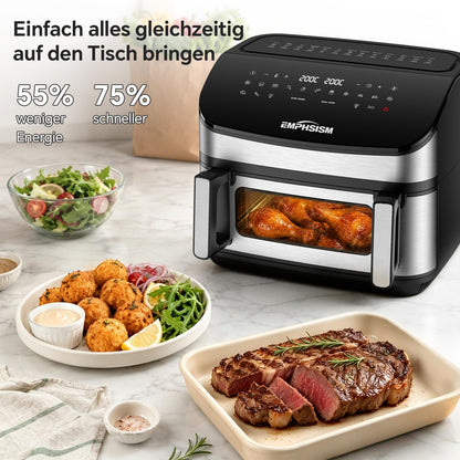 Emphsism Airfryer 12L Doppelkammer Heißluftfritteuse XXL, 2600W Airfryer mit Sichtfenster & Ober-/Unterhitze