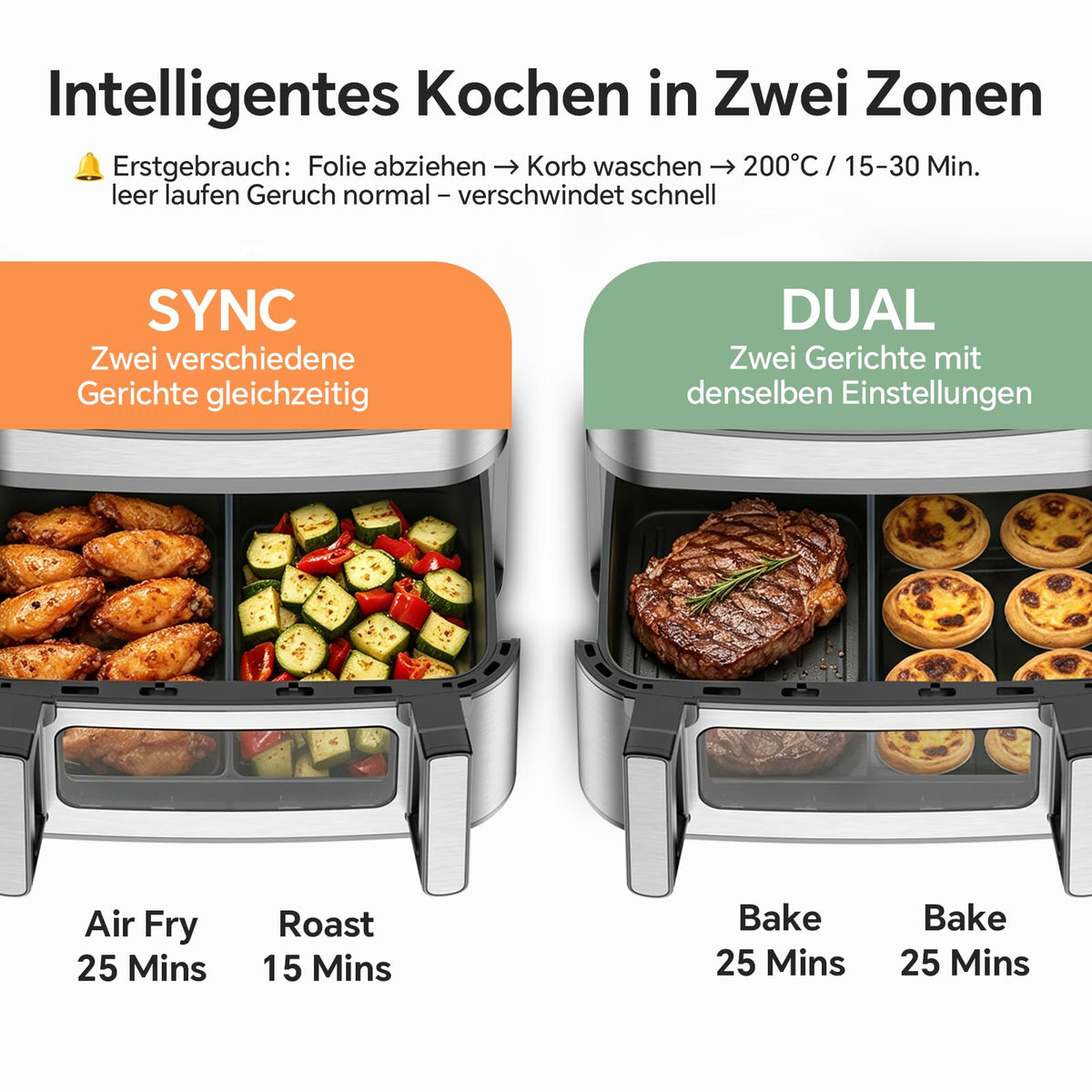 Emphsism Airfryer 12L Doppelkammer Heißluftfritteuse XXL, 2600W Airfryer mit Sichtfenster & Ober-/Unterhitze