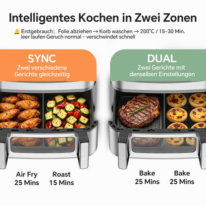 Emphsism Airfryer 12L Doppelkammer Heißluftfritteuse XXL, 2600W Airfryer mit Sichtfenster & Ober-/Unterhitze